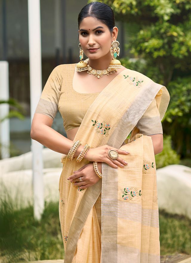 Light Peach Color Beautiful Linen Fabric Sophisticated Ethnic Saree