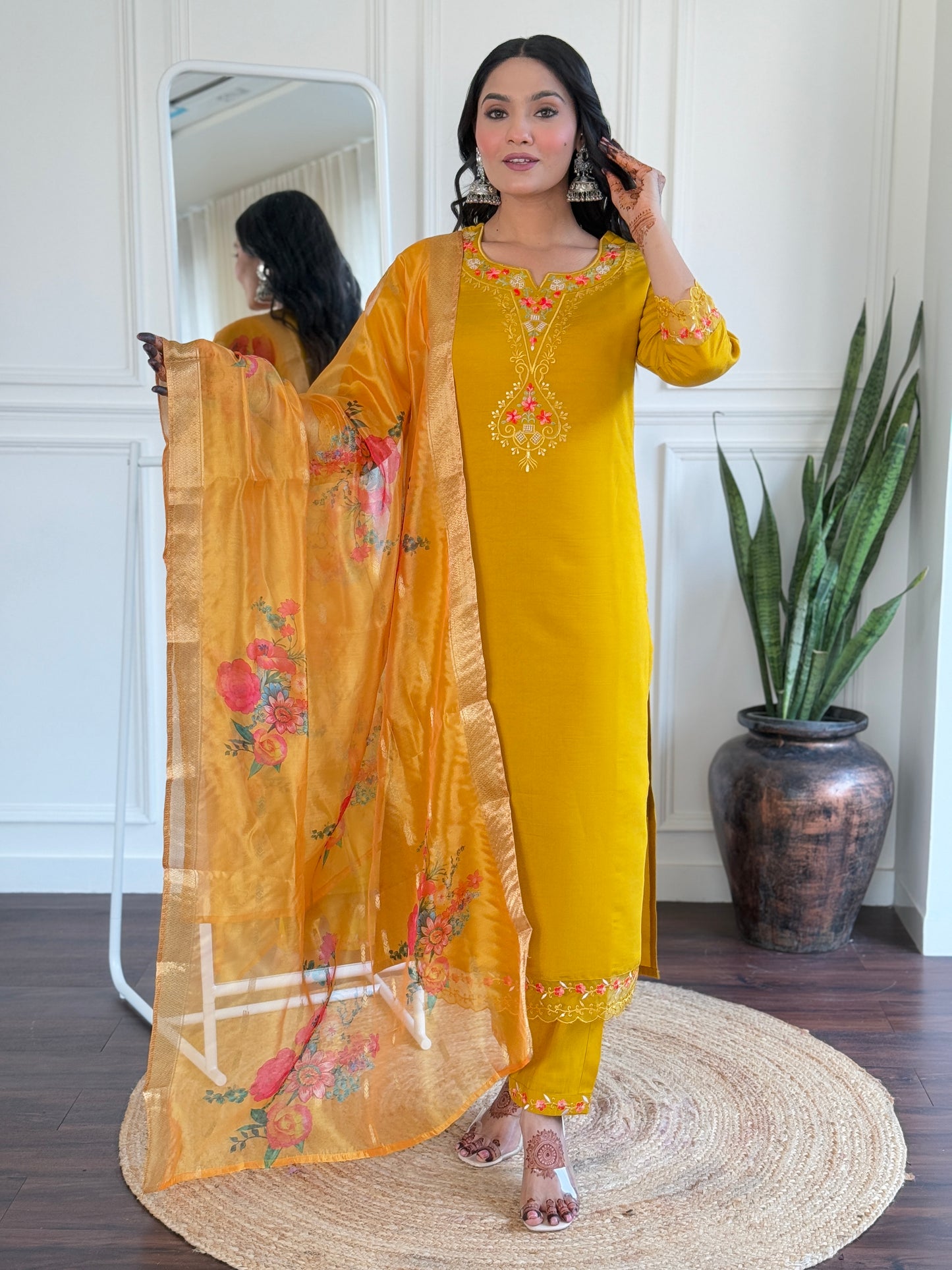 Yellow Women's Roman Silk Embroidered Straight Kurta, Pant and Dupatta Set