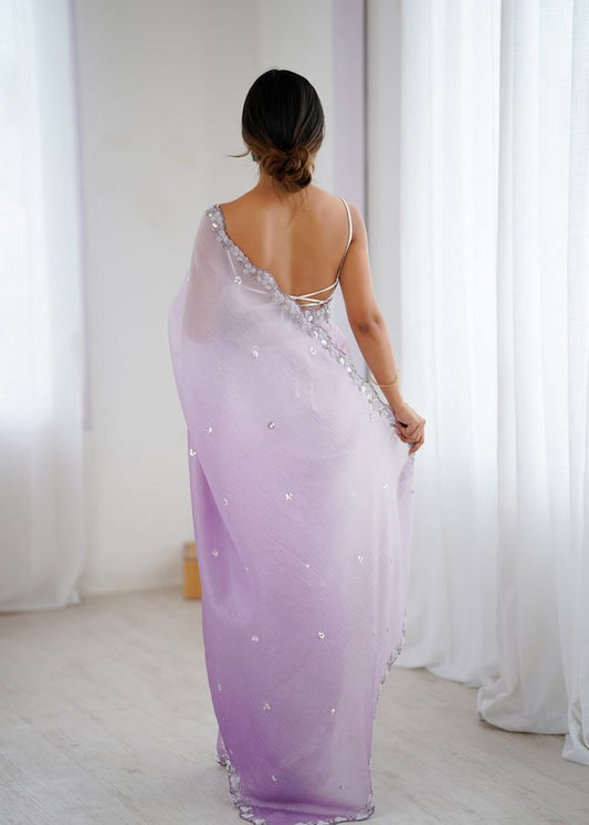 Lavender Color Chiffon Crush Fabric Beautiful Sophisticated Work Ceremonial Saree