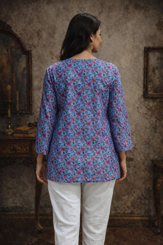 Blue Color Designer Digital Printed Muslin Fabric Foral Ethnic Kurta