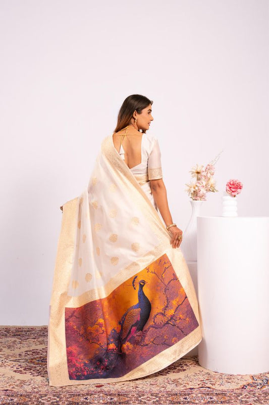 Off White Color Banarasi Silk Fabric Designer Partywear Saree