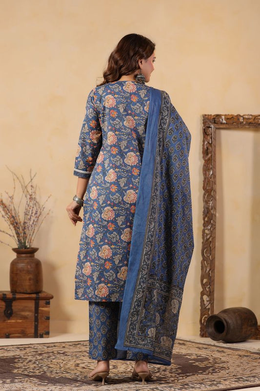Blue Color Cotton Fabric Stylish And Trendy Kurta Set For Ethnic Girls