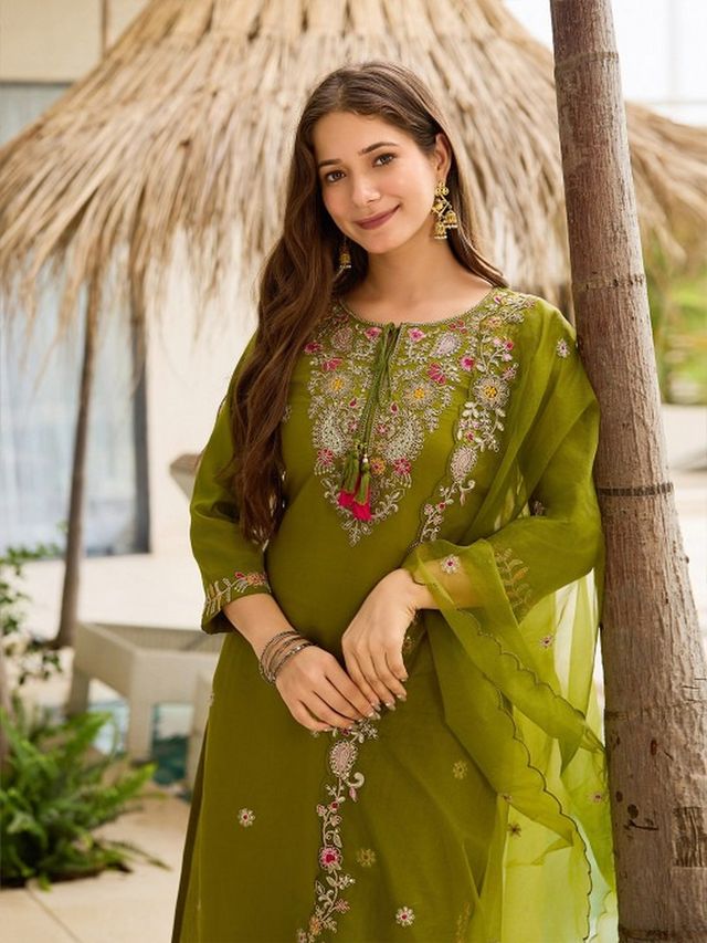 Mahendi Color Rayon Fabric Designer Embroidery Work Graceful Partywear Suit