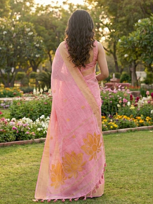 Pink Color Linen Cotton Fabric Woven Designer Partywear Saree