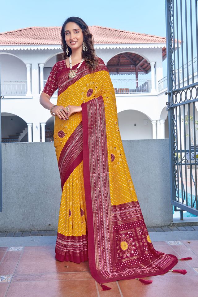 Yellow Color Velvet Tussar Silk Fabric Tradtional Woven Saree With Bandhej Print