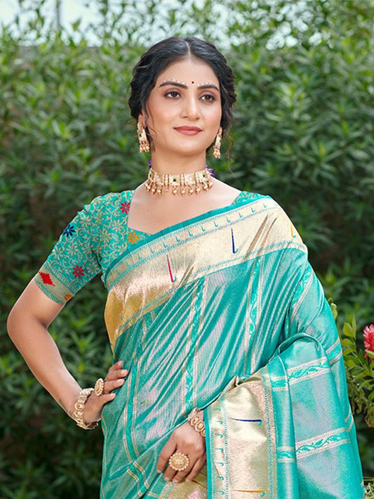 Woven Meenakari Designer Teal Blue Color Ethnic Partywear Saree