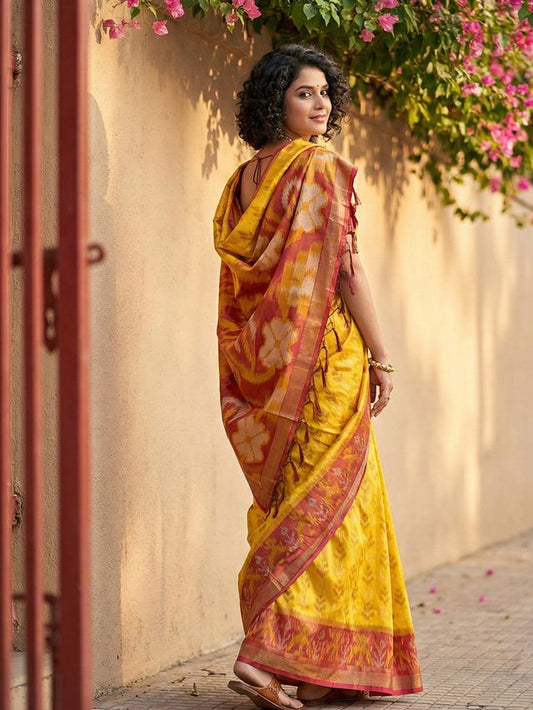 Yellow Color Pochampalli Silk Saree With Graceful Woven Designer Looks