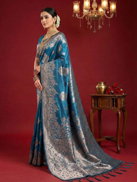 Teal Blue Color Beautiful Silk Blend Fabric Woven Designer Ethnic Ceremonial Saree
