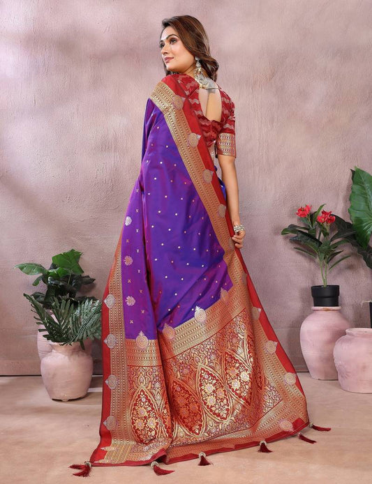 Violet Pure Handloom Kalamkari Silk With Zari Woven Design Saree With Blouse