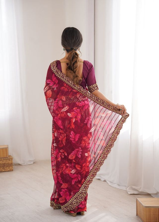 Wine Color Marble Patta Fabric Stylish Festive Special Saree