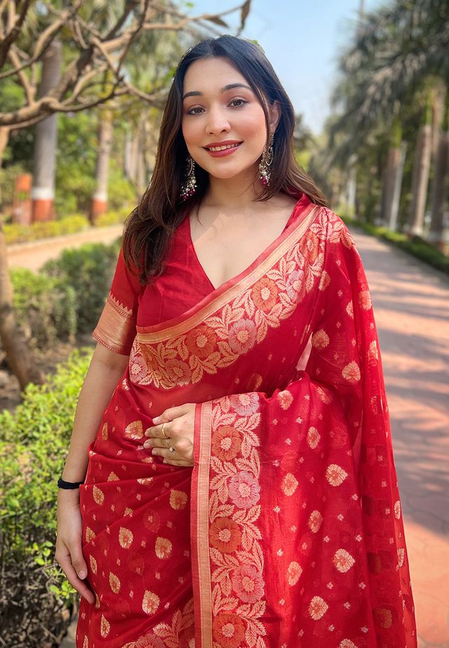 Red Color Organza Fabric Woven Designer Ceremonial Partywear Saree