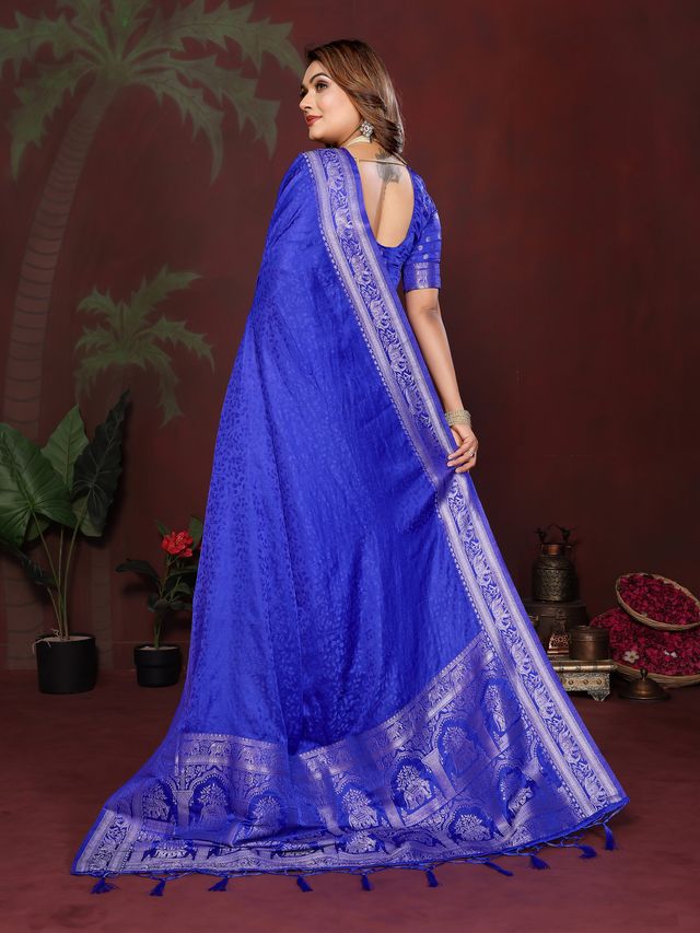 Blue Color Satin Silk Fabric Woven Jari Designer Sophisticated Saree