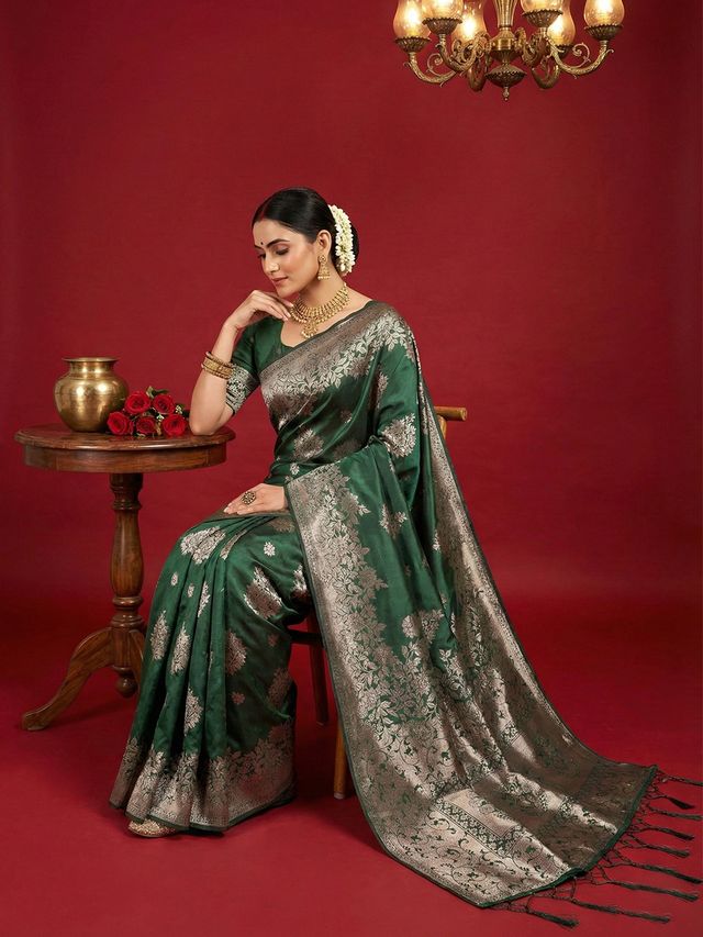 Dark Green Color Beautiful Silk Blend Fabric Woven Designer Ethnic Ceremonial Saree