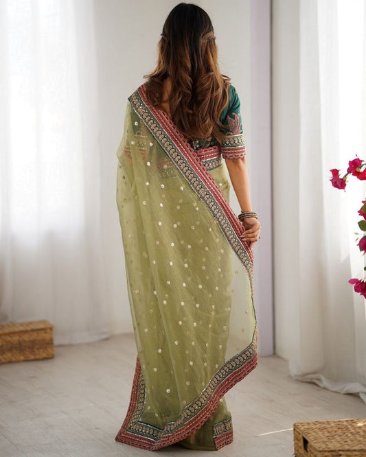 Pista Color Banarasi Crush Fabric Graceful Partywear Sequins Embroidered Saree