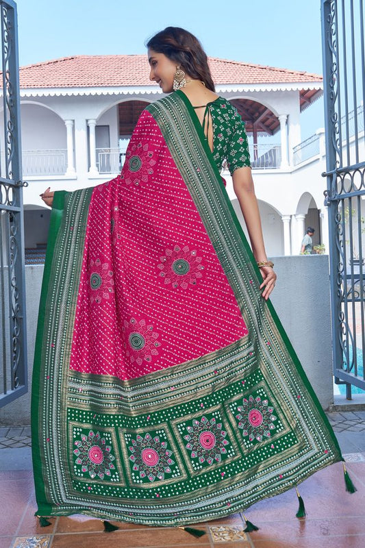 Pink Color Velvet Tussar Silk Fabric Tradtional Woven Saree With Bandhej Print