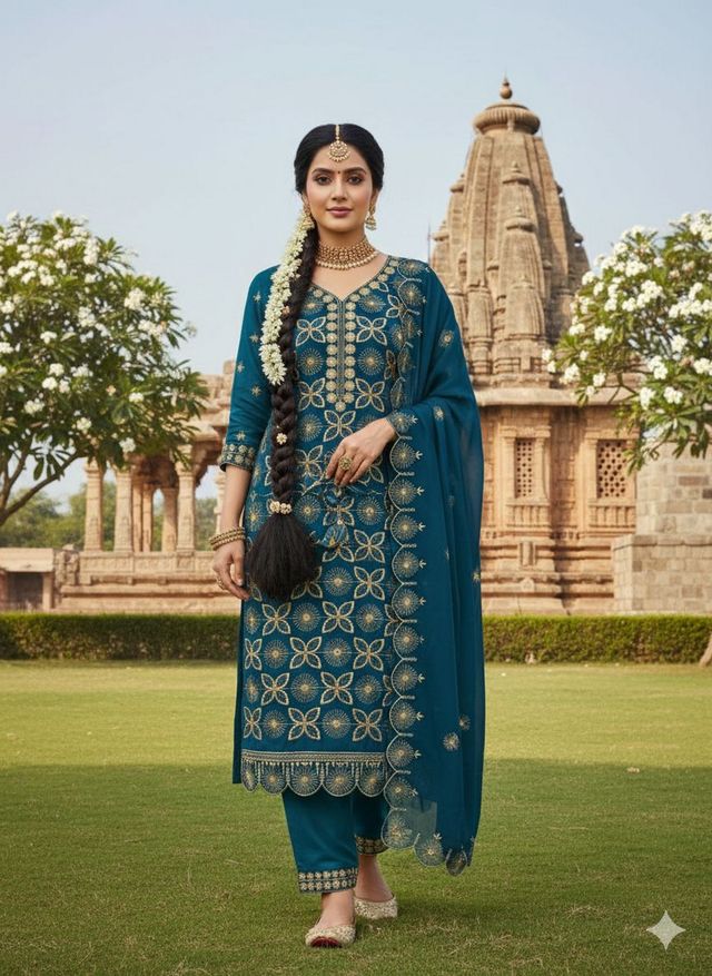 Teal Color Georgette Fabric Beautiful Embroidered Salwar Kameez