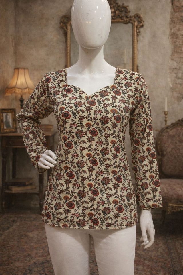 Cream Color Designer Digital Printed Muslin Fabric Foral Ethnic Kurta