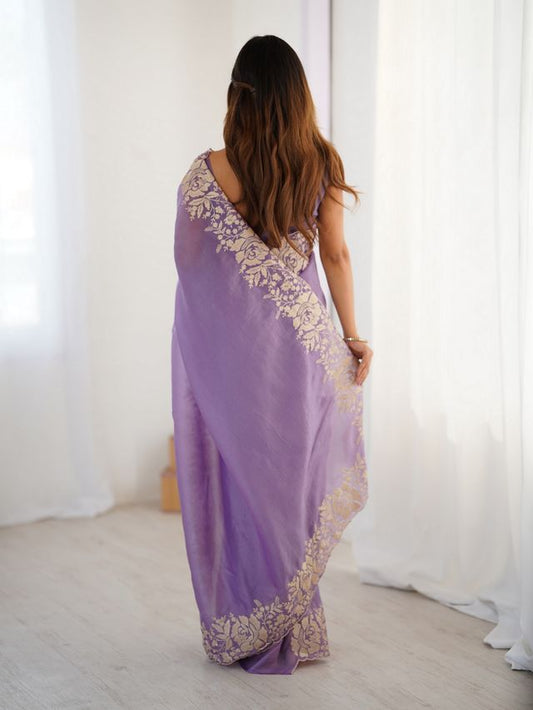 Lavender Color Candy Crush Fabric Beautiful Partywear Saree For Girlie Looks