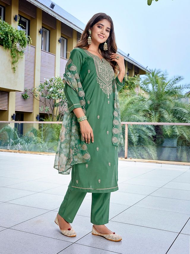 Green Color Stylish Partywear Readymade Ethnic Suit