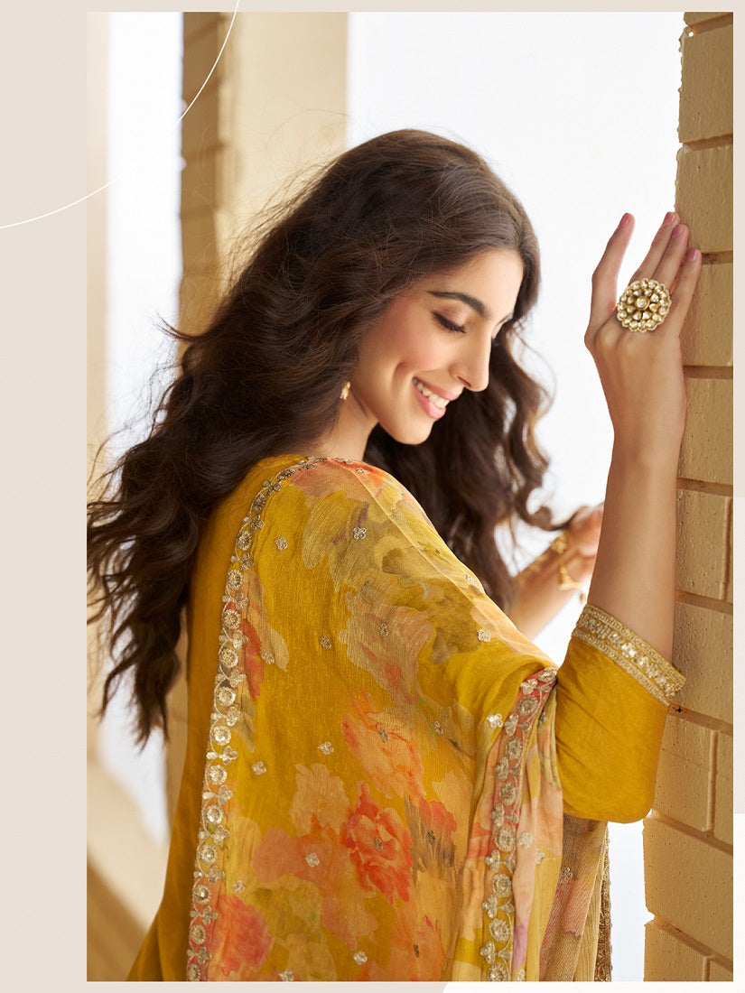 Women's Yellow Chinon Silk Zari Embroidered Sequins Sharara Suit