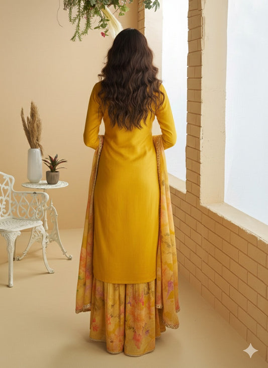 Women's Yellow Chinon Silk Zari Embroidered Sequins Sharara Suit