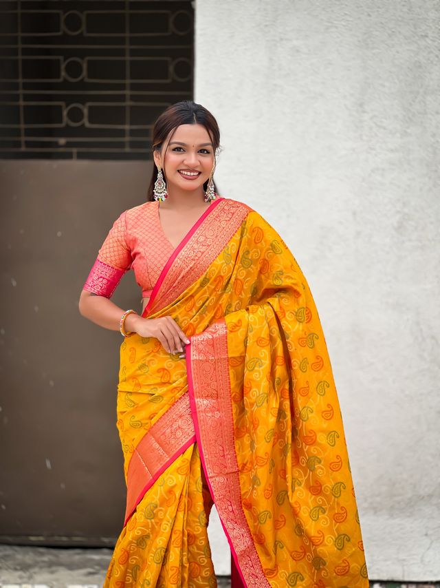 Mustard Color Patola Silk Fabric Woven Meenakari Designer Saree