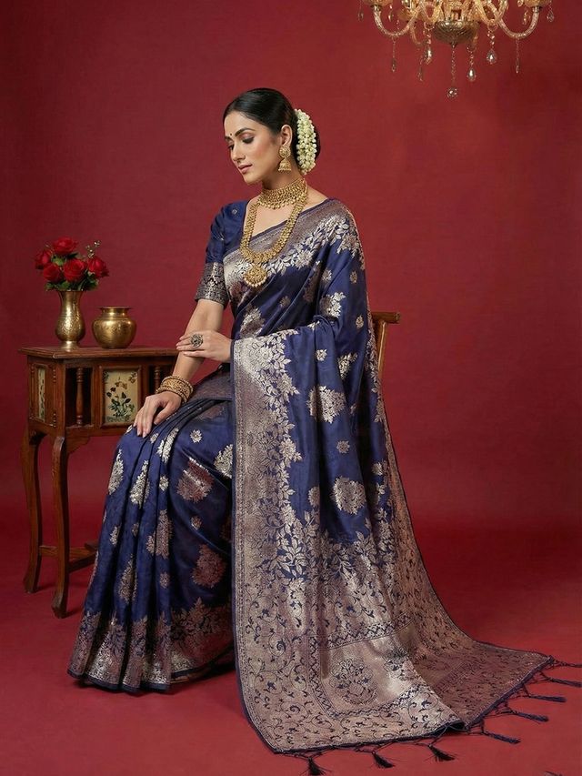 Navy Blue Color Beautiful Silk Blend Fabric Woven Designer Ethnic Ceremonial Saree