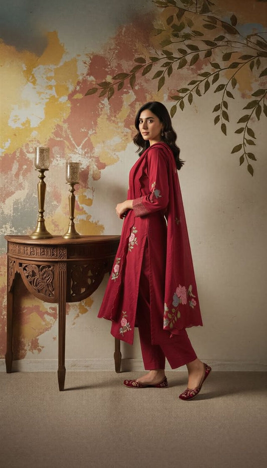 Maroon Color Chanderi Fabric Designer Embroidered Readymade Suit