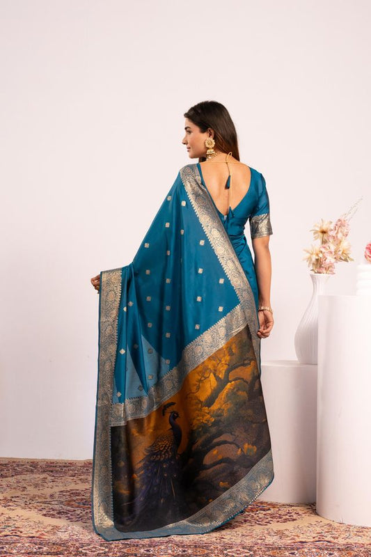 Firozi Color Banarasi Silk Saree For Festive Ethnic Saree