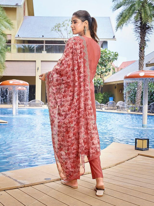 Peach Color Stylish Partywear Readymade Ethnic Suit