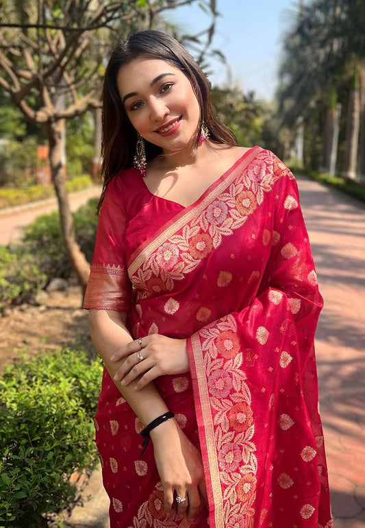 Pink Color Organza Fabric Woven Designer Ceremonial Partywear Saree