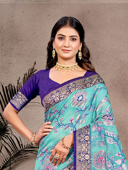 Sky Blue Color Cotton Silk Fabric Woven Meenakari Designer Partywear Saree