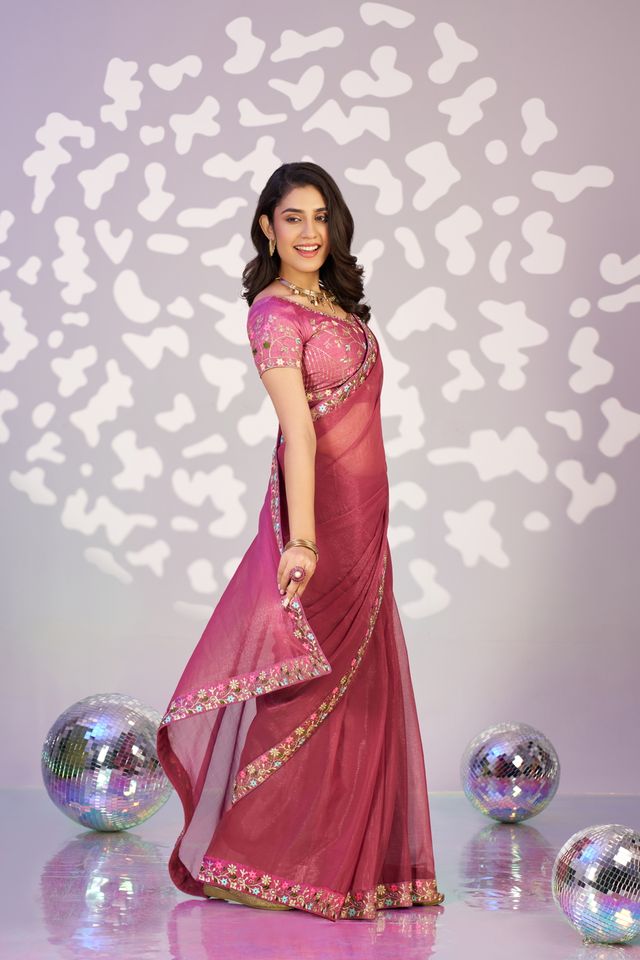 Onion Color Ethnic Embroidered Simmer Chiffon Fabric Girlie Partywear Saree