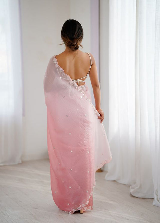 Pink Color Chiffon Crush Fabric Beautiful Sophisticated Work Ceremonial Saree