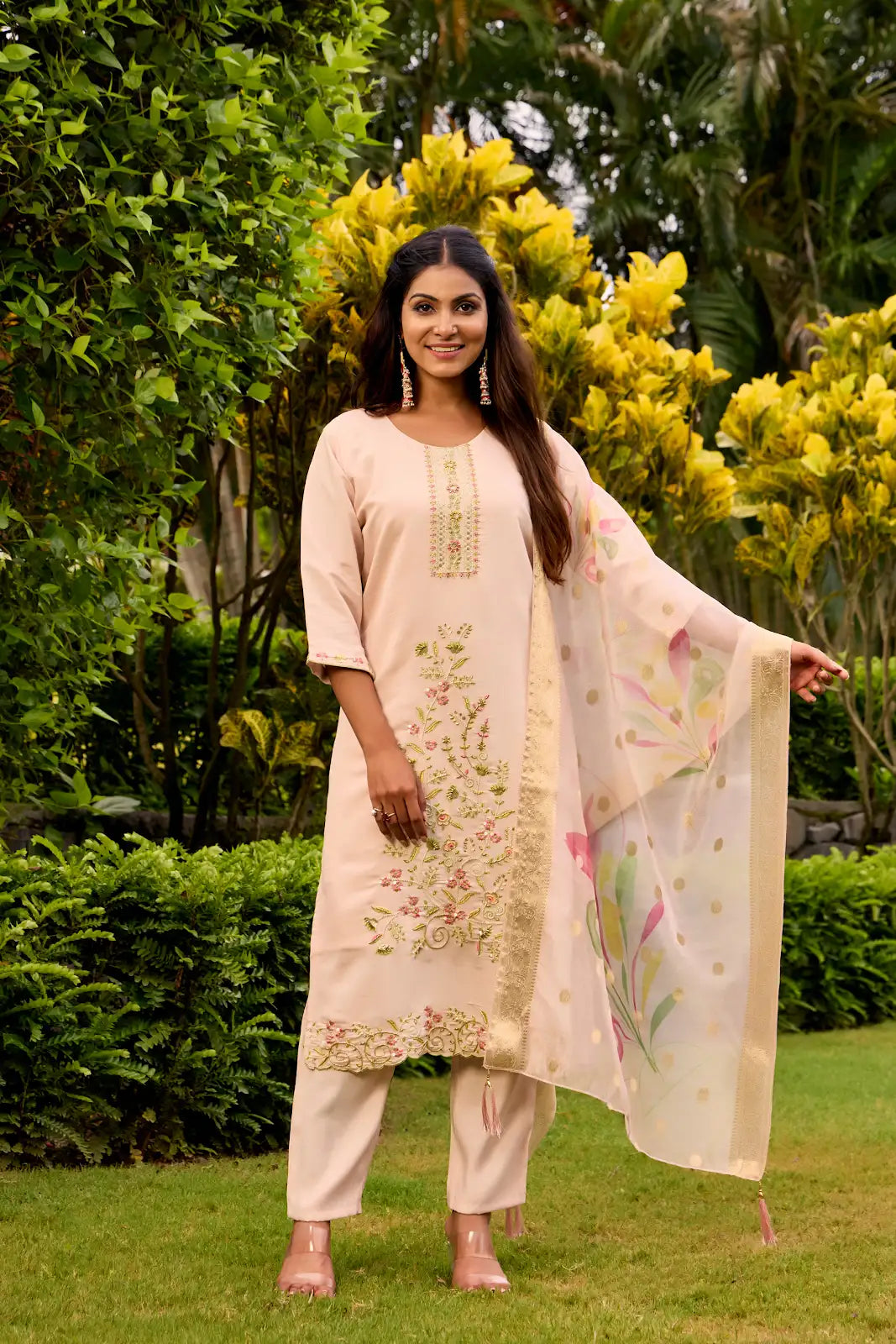 Women's Beautiful Embroidery Work Roman Fabric Straight Kurta Pant and Dupatta Set