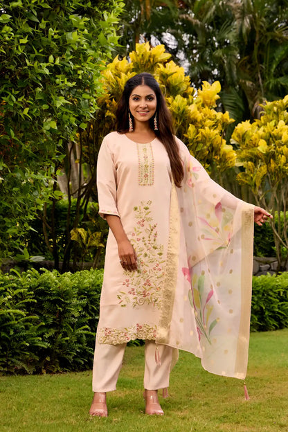 Women's Beautiful Embroidery Work Roman Fabric Straight Kurta Pant and Dupatta Set