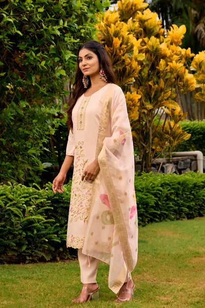 Women's Beautiful Embroidery Work Roman Fabric Straight Kurta Pant and Dupatta Set