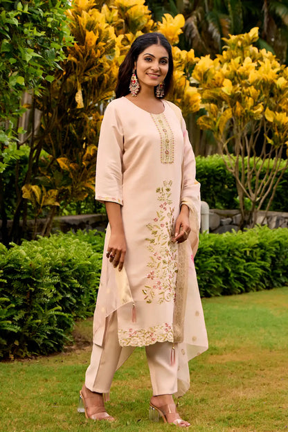 Women's Beautiful Embroidery Work Roman Fabric Straight Kurta Pant and Dupatta Set