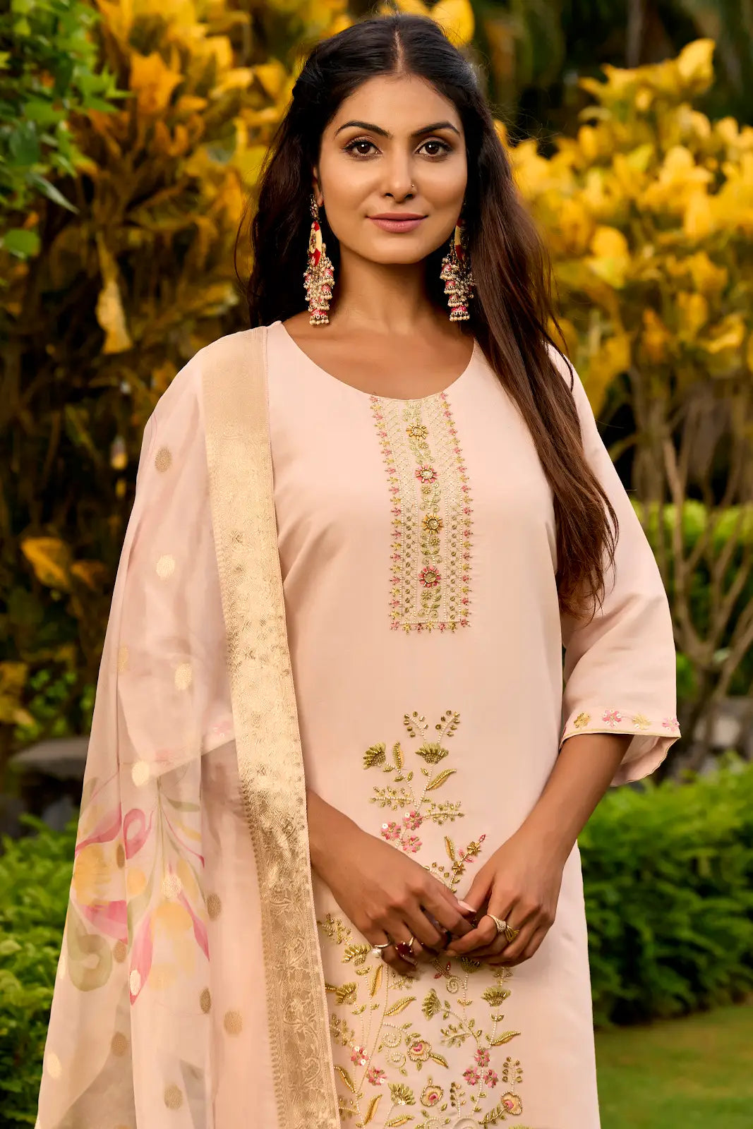 Women's Beautiful Embroidery Work Roman Fabric Straight Kurta Pant and Dupatta Set