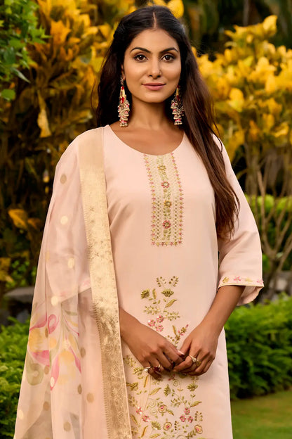 Women's Beautiful Embroidery Work Roman Fabric Straight Kurta Pant and Dupatta Set