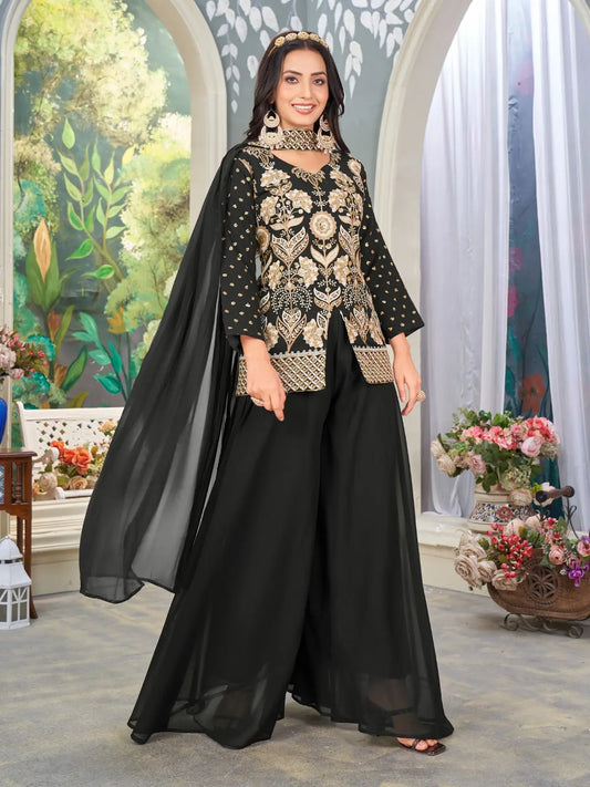 Black Heavy Embroidered Faux Georgette Stitched Plazzo Suit