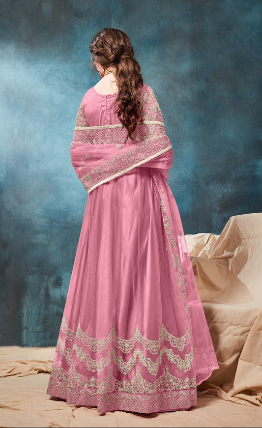 Pink Embroidered Net Semi Stitched Anarkali Suit