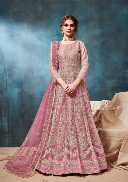 Pink Embroidered Net Semi Stitched Anarkali Suit