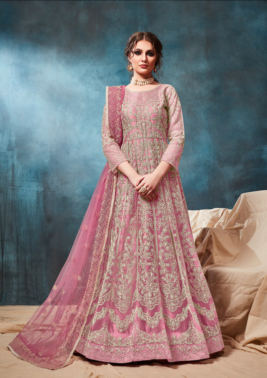 Pink Embroidered Net Semi Stitched Anarkali Suit