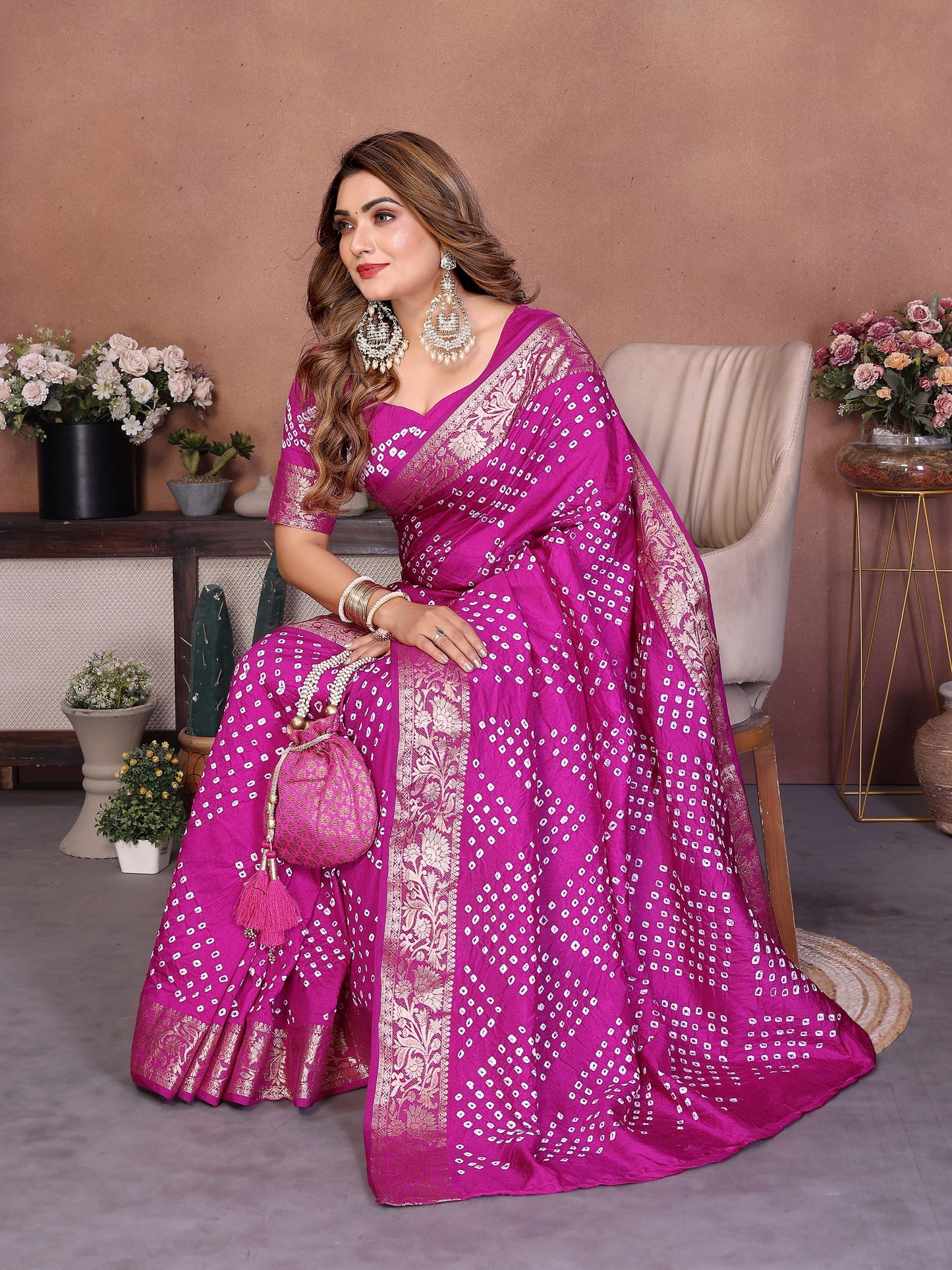 Purple Handmade Bhandhej Viscos Silk Saree With Blouse
