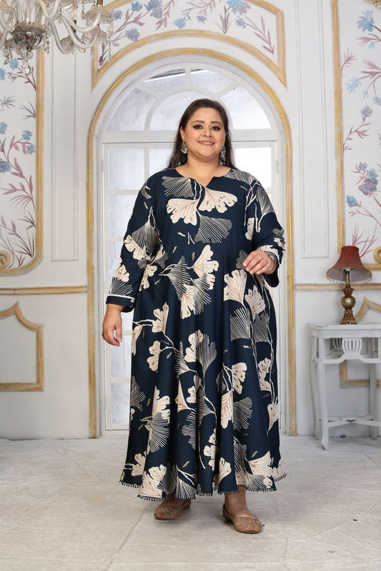Blue Color Rayon Fabric Designer Printed Plus Size Kurta For Girls