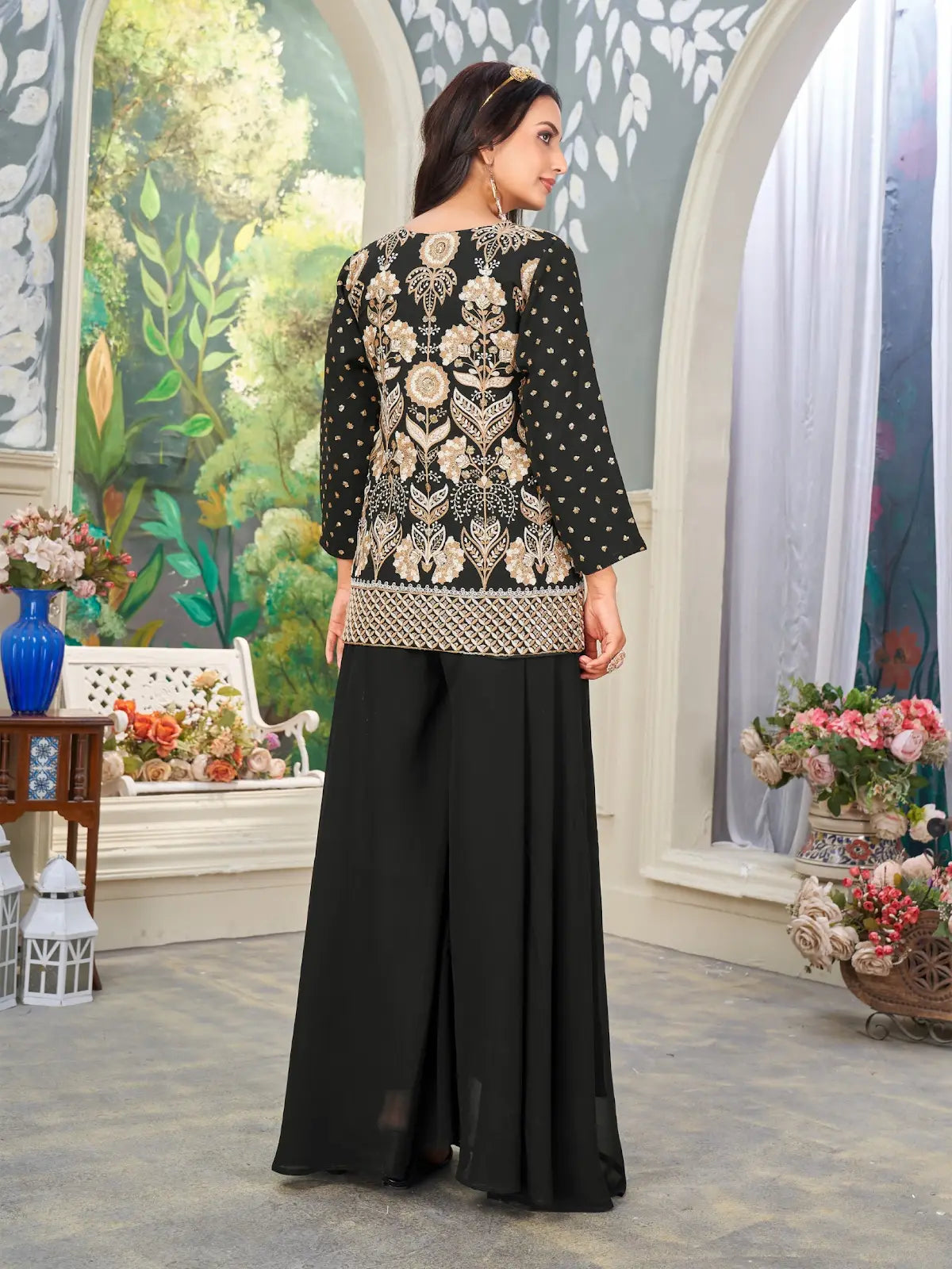 Black Heavy Embroidered Faux Georgette Stitched Plazzo Suit