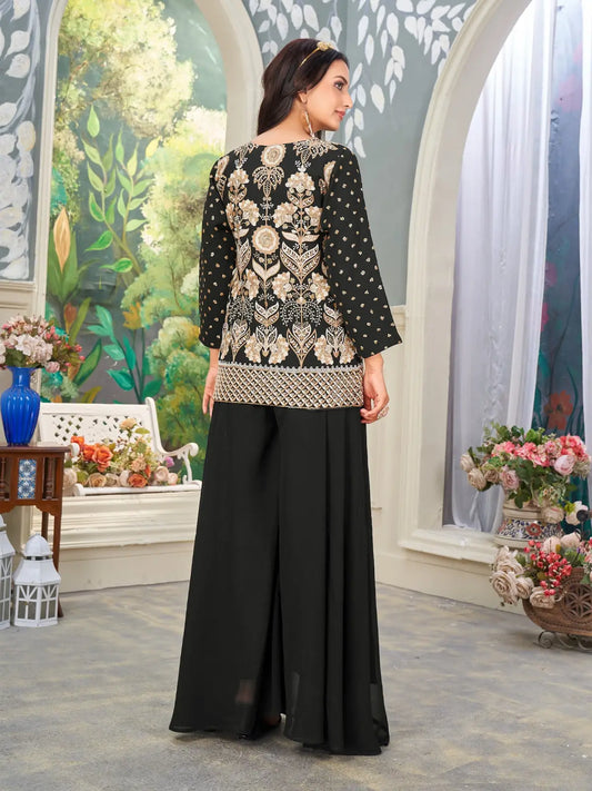 Black Heavy Embroidered Faux Georgette Stitched Plazzo Suit