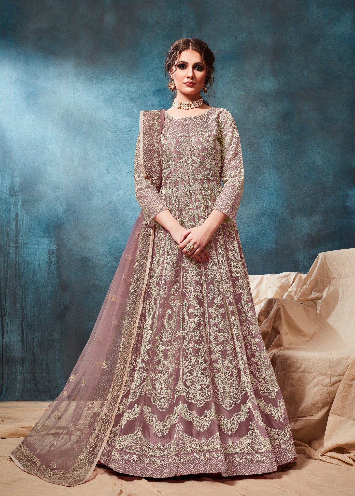 Light_Brown Embroidered Net Semi Stitched Anarkali Suit