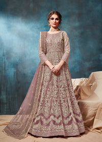 Light_Brown Embroidered Net Semi Stitched Anarkali Suit
